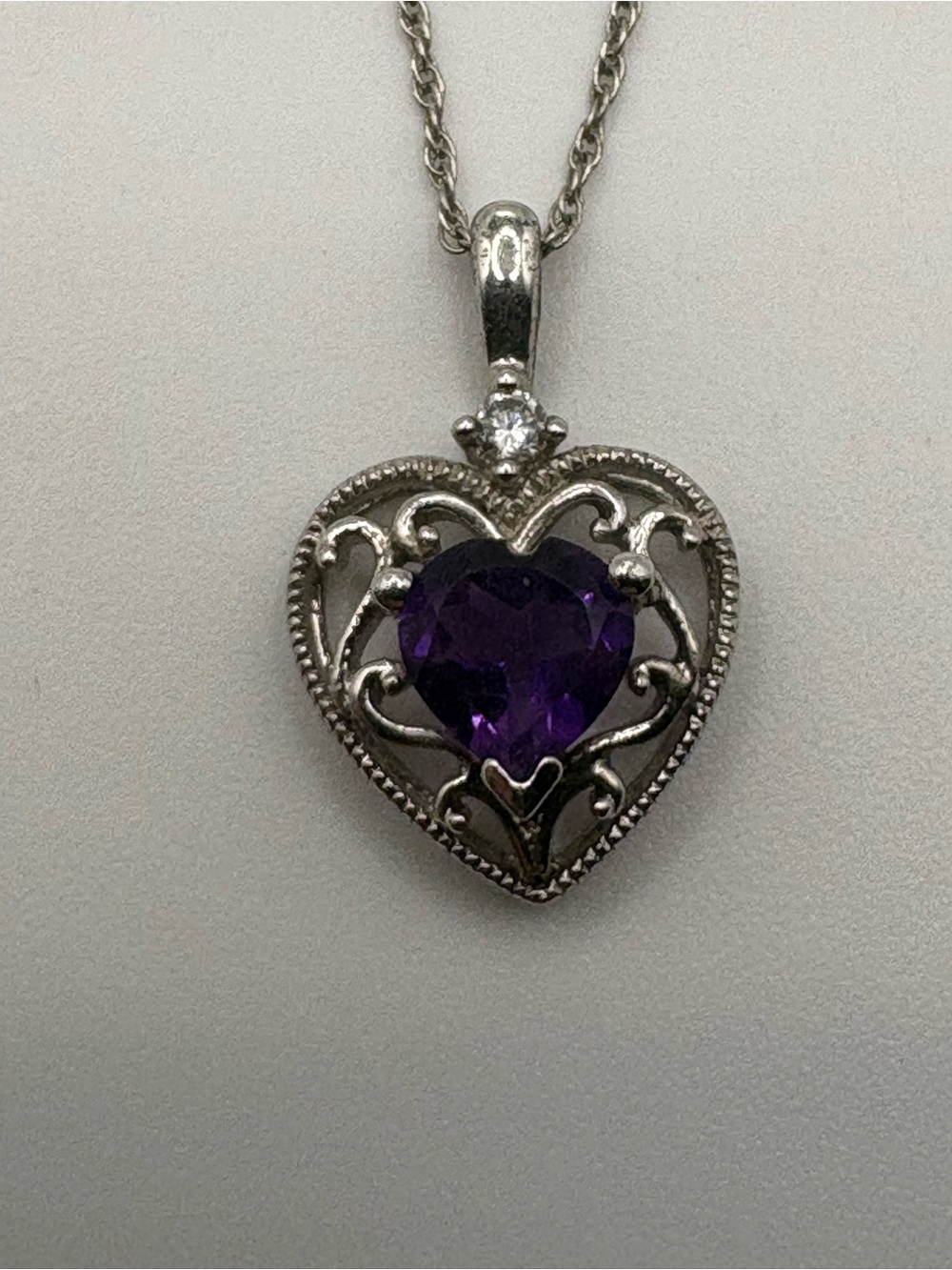 Vintage OC 925 Sterling Silver Purple Heart 18" Necklace Filigree Pendant Charm⁠